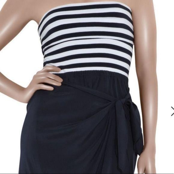 DKNY Strapless Navy Striped-Bodice Dress - Picture 3 of 15